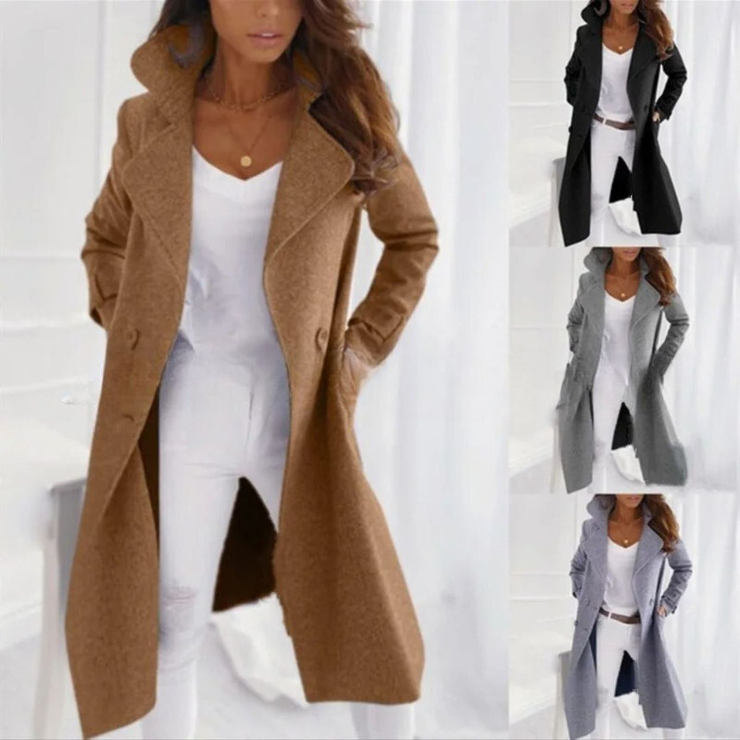 Versatile women's long winter coat with turned-down collar, ideal for both everyday and formal fall fashion.