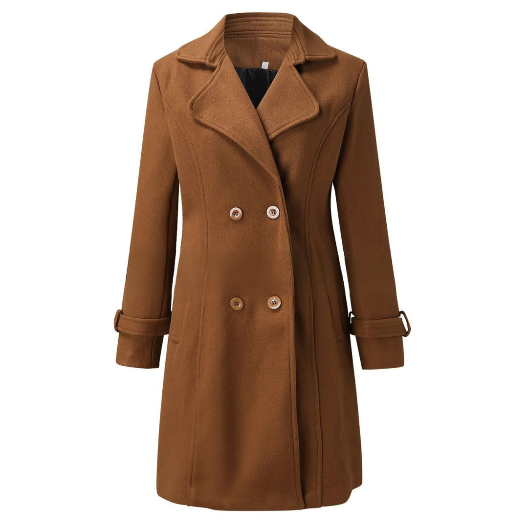 Fashionable women's long coat, elegant winter jacket with classic turned-down collar for stylish outerwear.