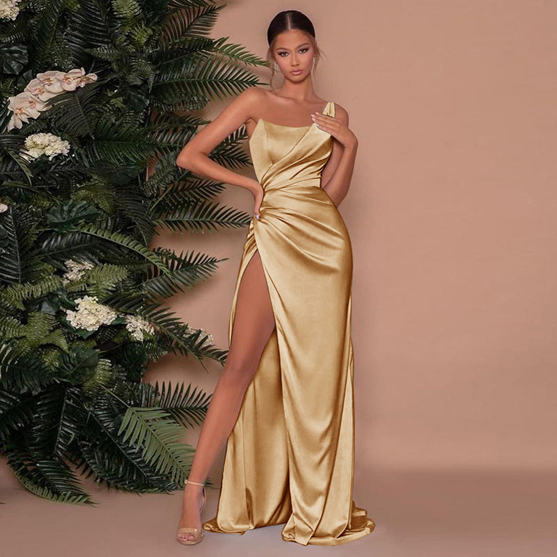 Elegant LuxeSilk maxi dress for women, perfect for formal occasions & evening events. Flowing fabric.