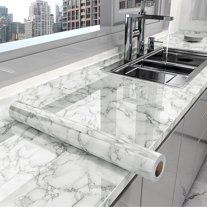 Self-adhesive marble film, peel & stick, waterproof & oil-resistant, ideal for kitchen backsplash decor.