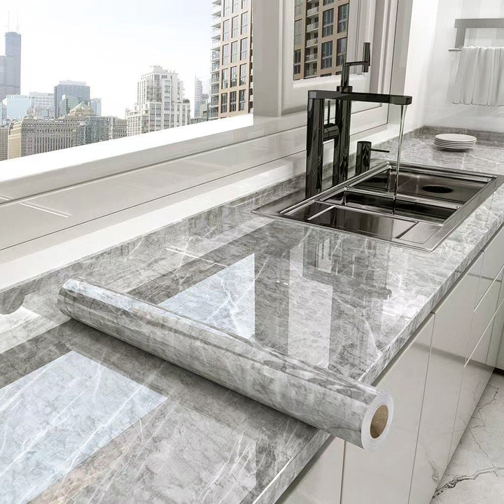 Waterproof marble kitchen wall film, self-adhesive & oil-resistant, perfect surface protector for home decor.