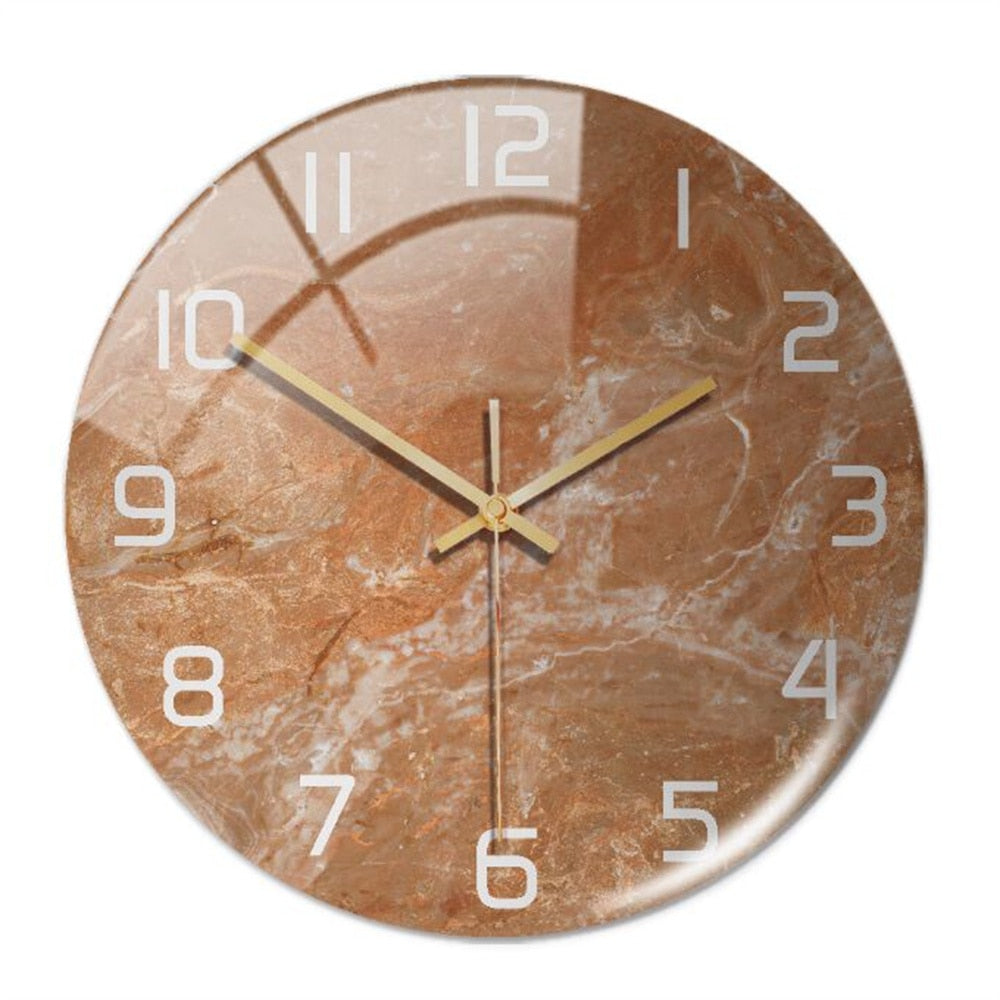 Modern wall clock with elegant marble styling, ideal for a sophisticated living room.