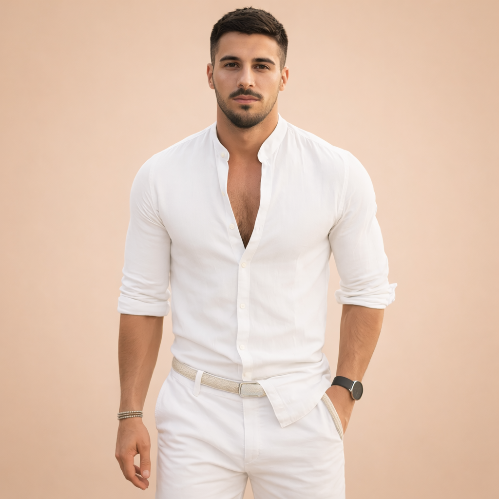 Versatile men's band collar shirt. Modern style, perfect for smart casual or elegant outfits.