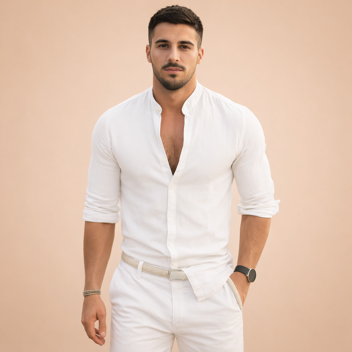 Versatile men's band collar shirt. Modern style, perfect for smart casual or elegant outfits.