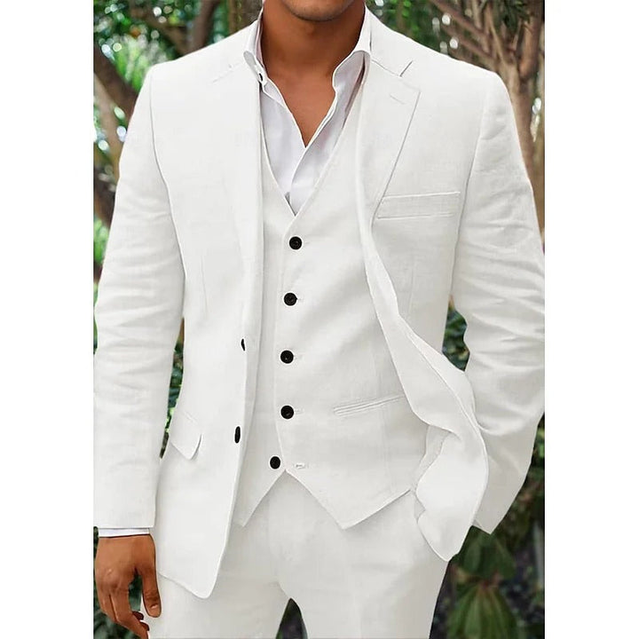 Elegant men's blue linen 3-piece suit set, tailored fit with jacket, waistcoat, trousers. Perfect for formal events.