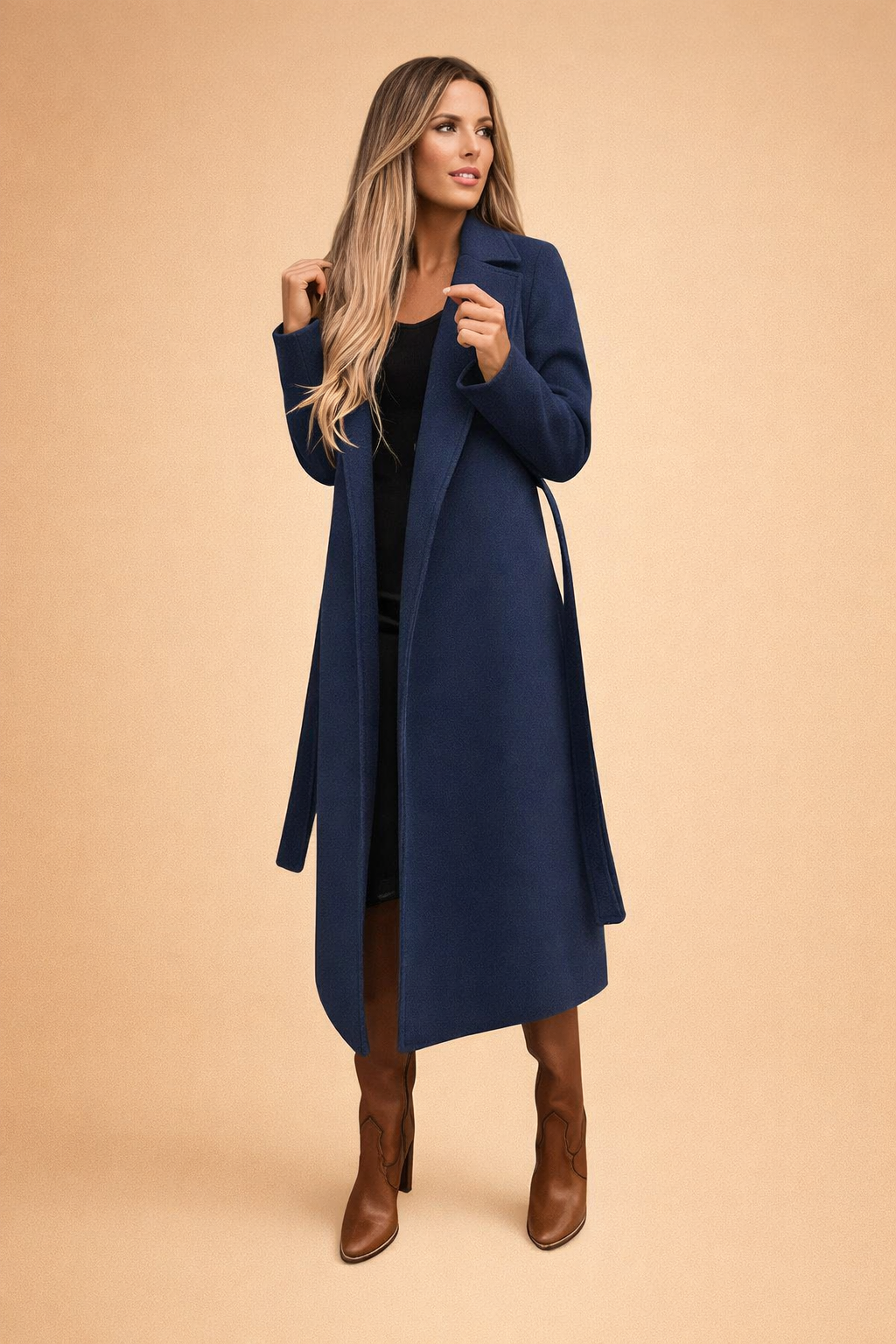 Women's stylish long winter trench coat in navy, providing warmth and an elegant, classic look for cold weather.