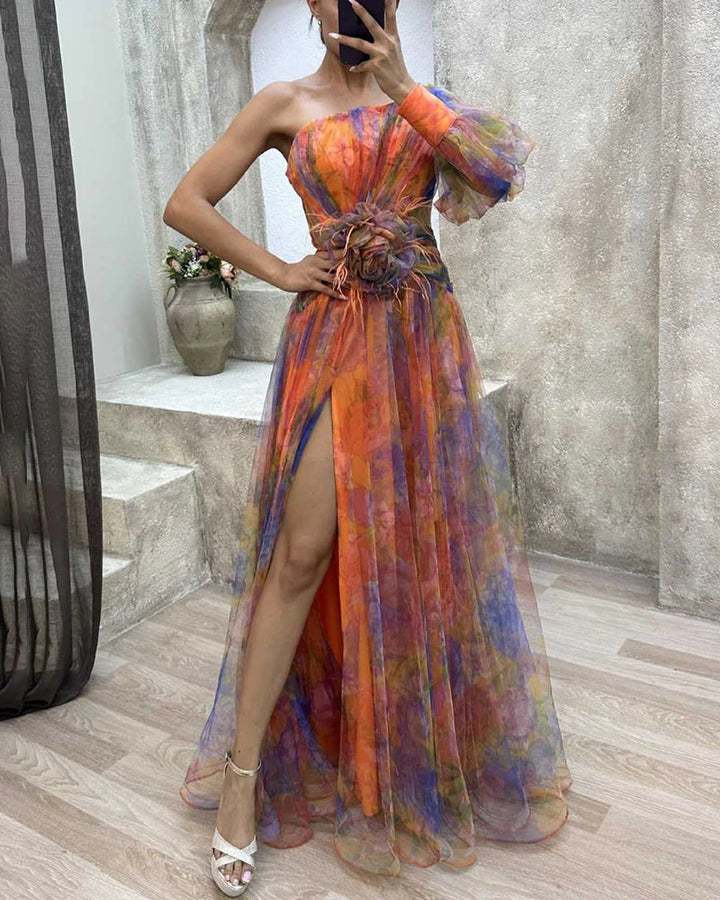 Chic off-shoulder evening gown. Vibrant & elegant women's maxi dress, perfect for formal parties & occasions.