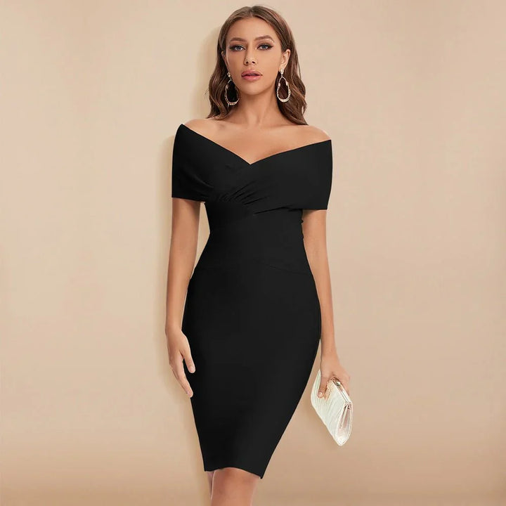 Sophisticated women's off-shoulder V-neck bodycon midi dress, a stunning choice for formal & cocktail events.