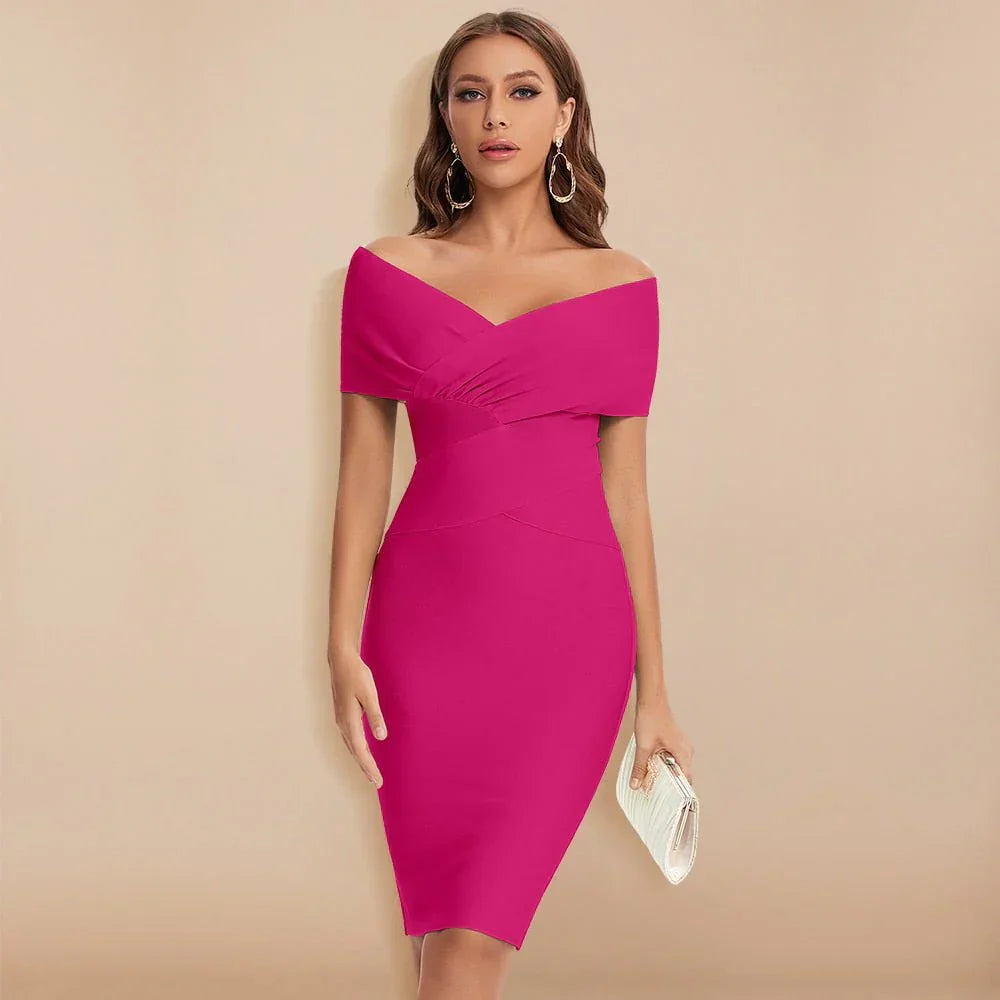 Formal women's off-shoulder V-neck bodycon midi dress, an elegant bandage design for sophisticated evening events.