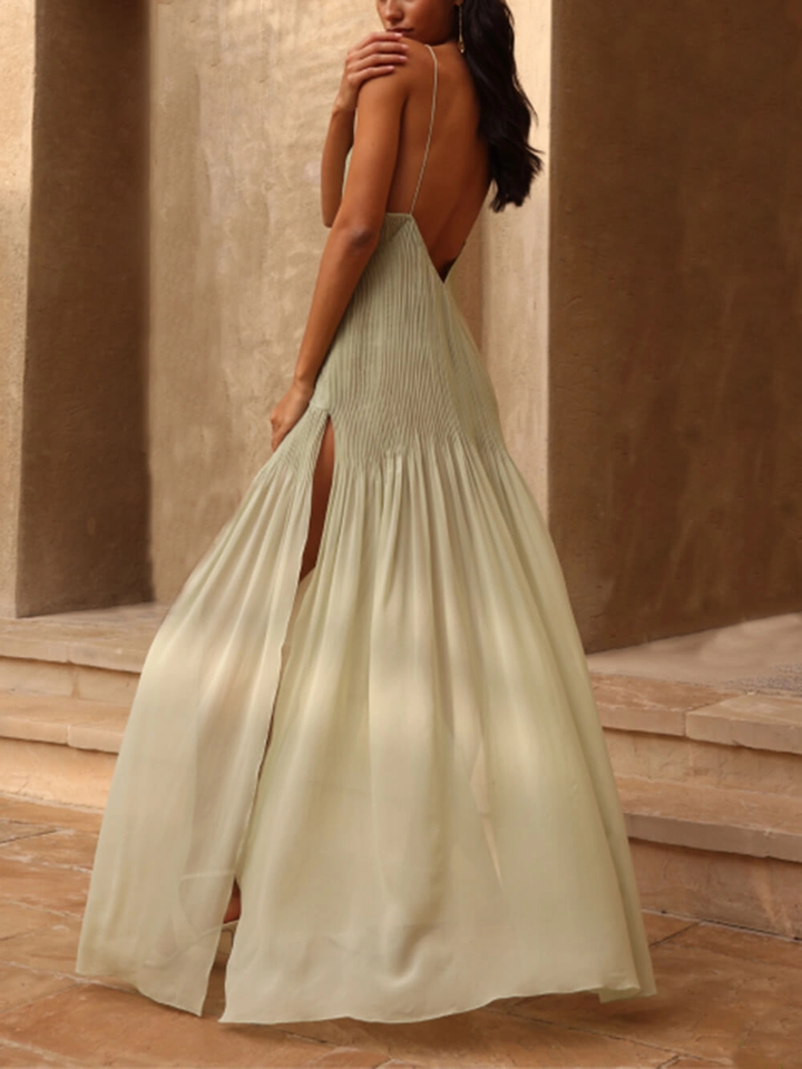 Sophisticated women's olive green maxi dress featuring delicate pleats and a high slit for evening parties.