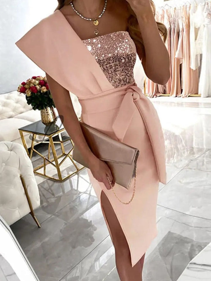 Women's formal one-shoulder gown with an elegant slit, ideal for evening parties, special occasions.