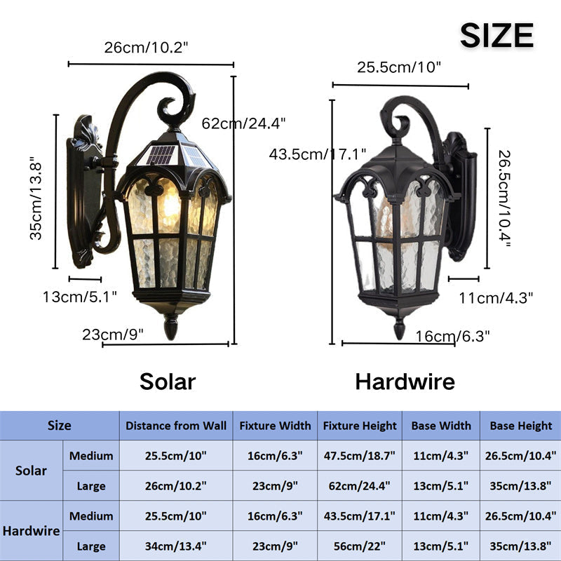 Elegant outdoor vintage solar wall light, matte black, IP55 weatherproof, with remote control and ripple glass design.