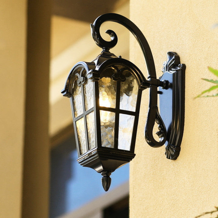 Elegant outdoor vintage solar wall light, matte black, IP55 weatherproof, with remote control and ripple glass design.