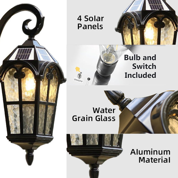 Elegant outdoor vintage solar wall light, matte black, IP55 weatherproof, with remote control and ripple glass design.