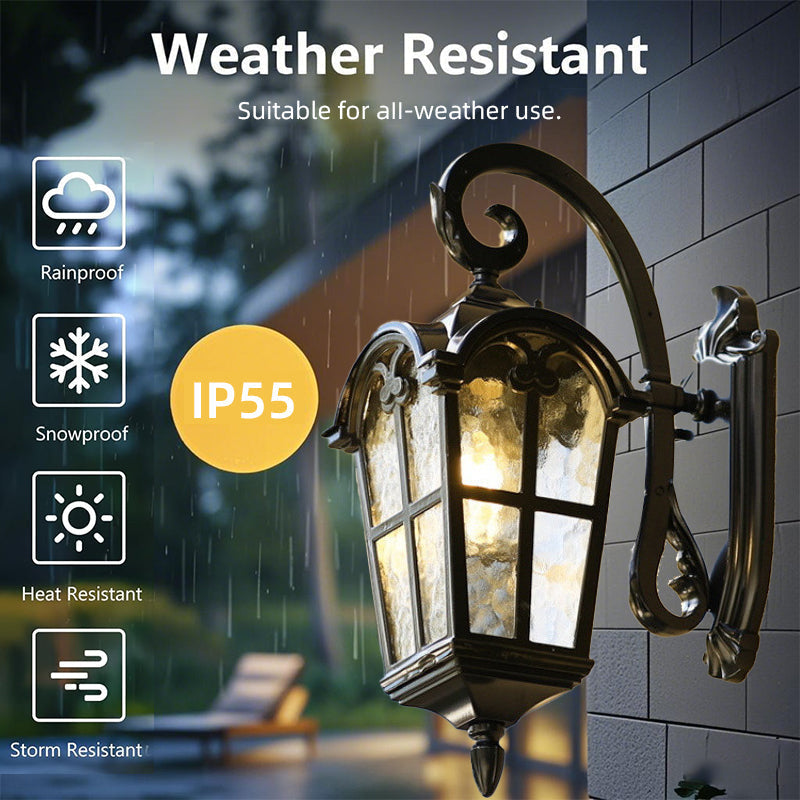 Elegant outdoor vintage solar wall light, matte black, IP55 weatherproof, with remote control and ripple glass design.