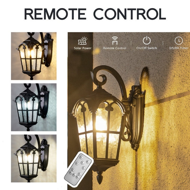 Elegant outdoor vintage solar wall light, matte black, IP55 weatherproof, with remote control and ripple glass design.