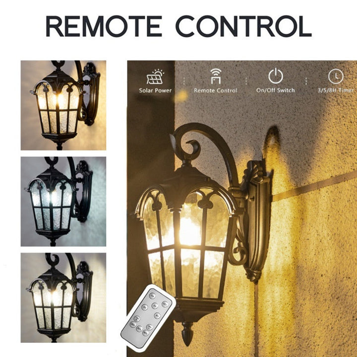 Elegant outdoor vintage solar wall light, matte black, IP55 weatherproof, with remote control and ripple glass design.