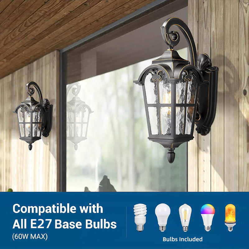 Elegant outdoor vintage solar wall light, matte black, IP55 weatherproof, with remote control and ripple glass design.