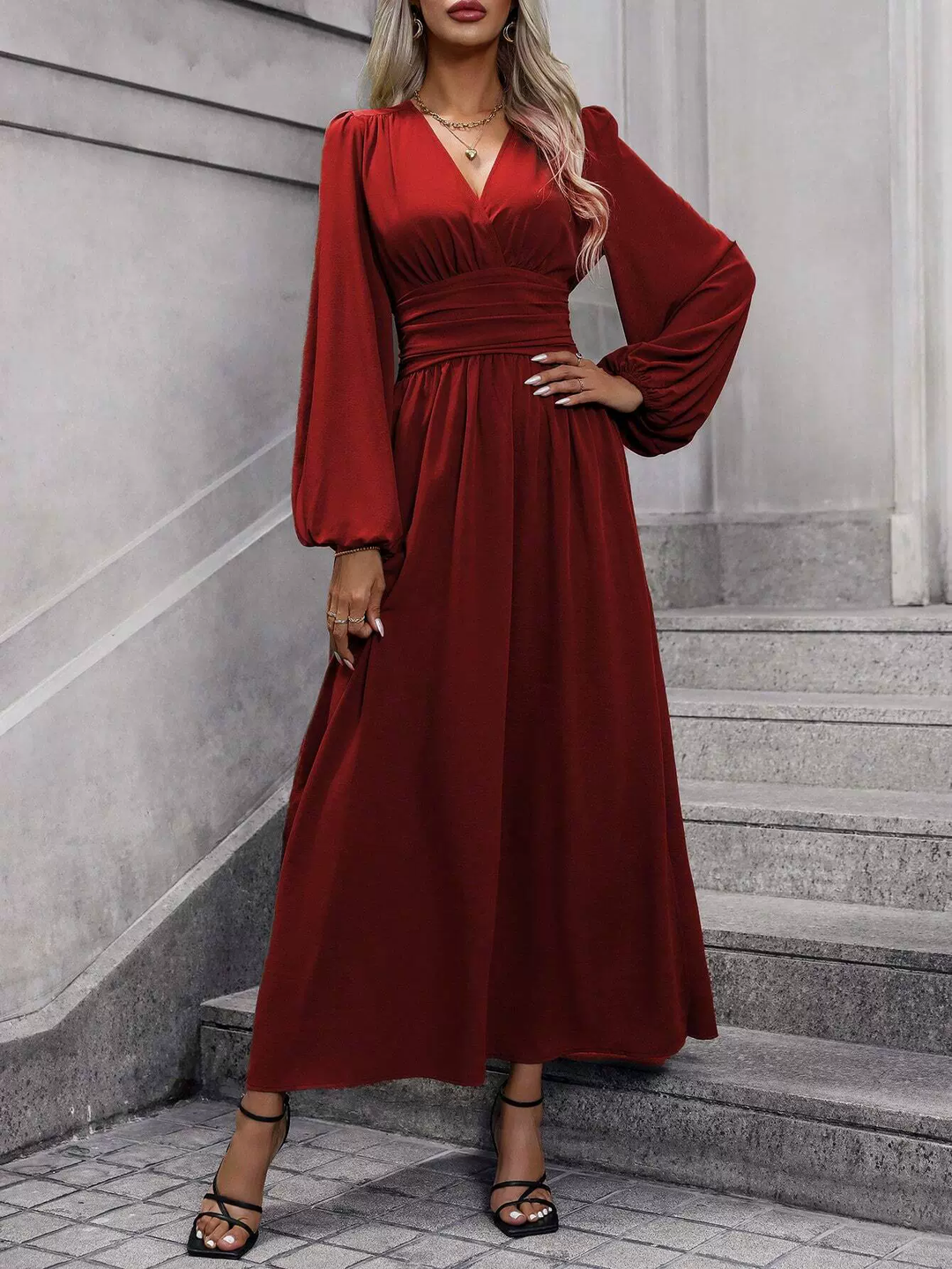Women's pink long sleeve midi slit dress, an elegant choice for wedding guests, cocktail parties & special occasions.