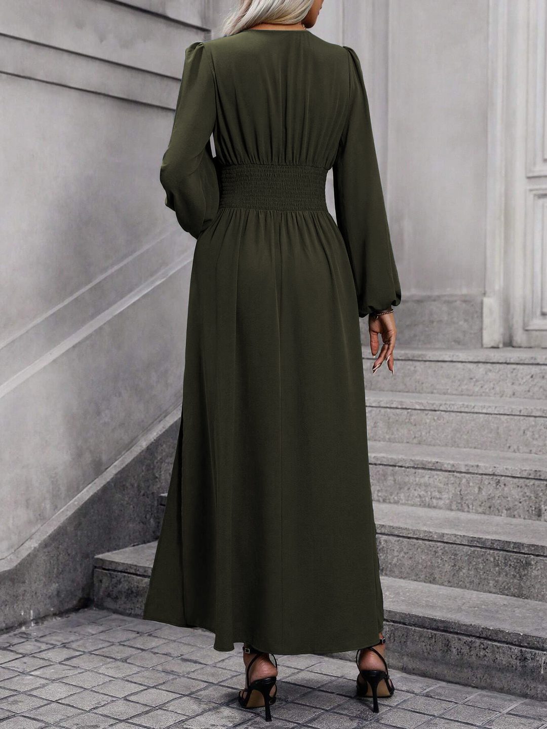 Stunning pink long sleeve midi slit dress. Elegant women's party wear, perfect as a wedding guest or cocktail dress.