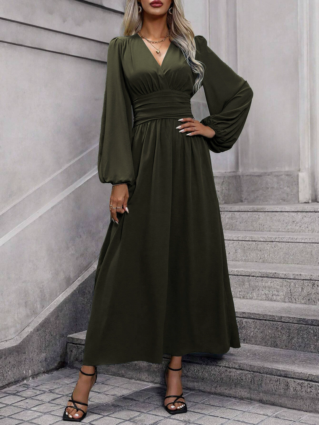 Sophisticated pink long sleeve midi dress with a side slit. Versatile elegant wear for special occasions & fall style.