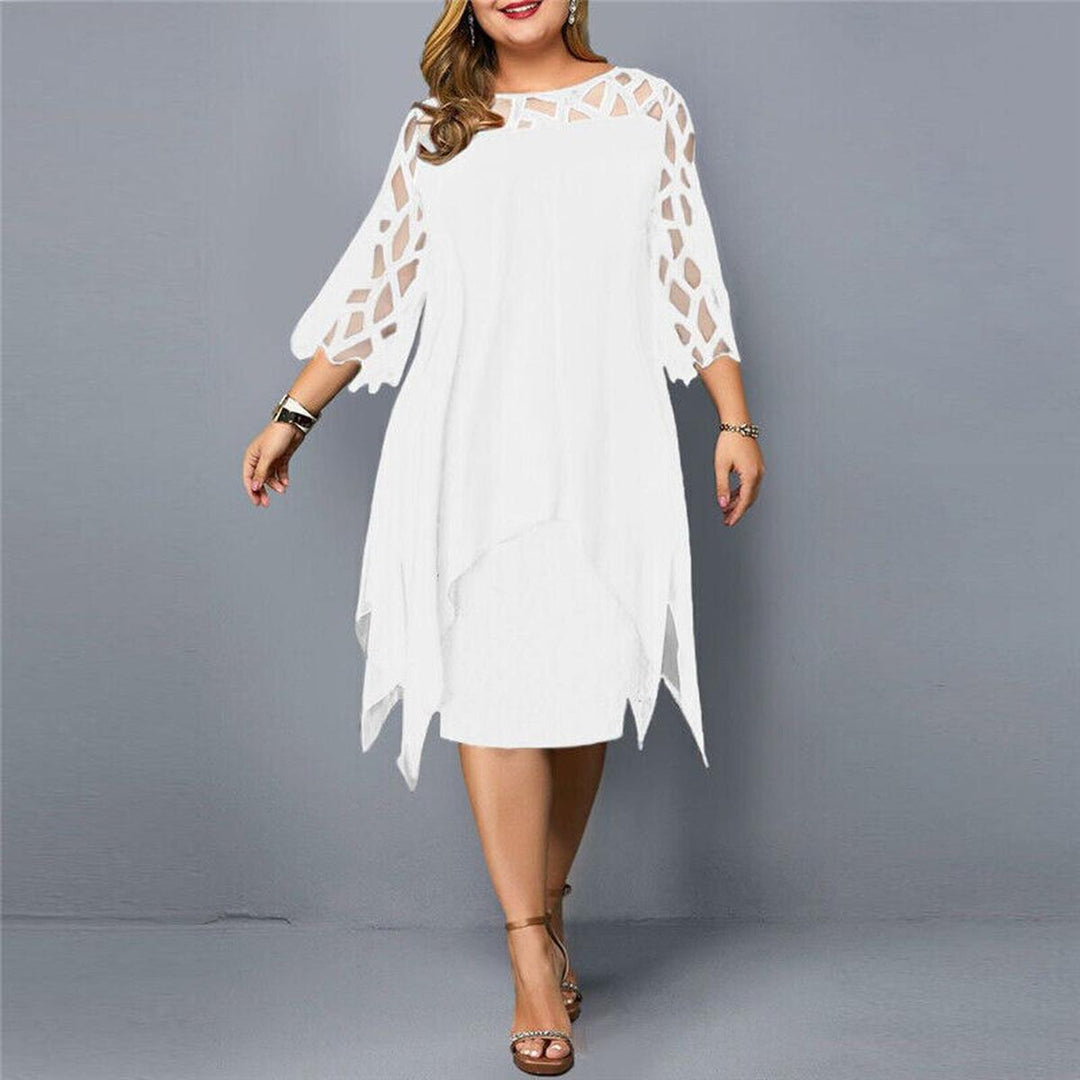 Accessorized women's plus size midi dress. Elegant long sleeve design for evening & cocktail events.