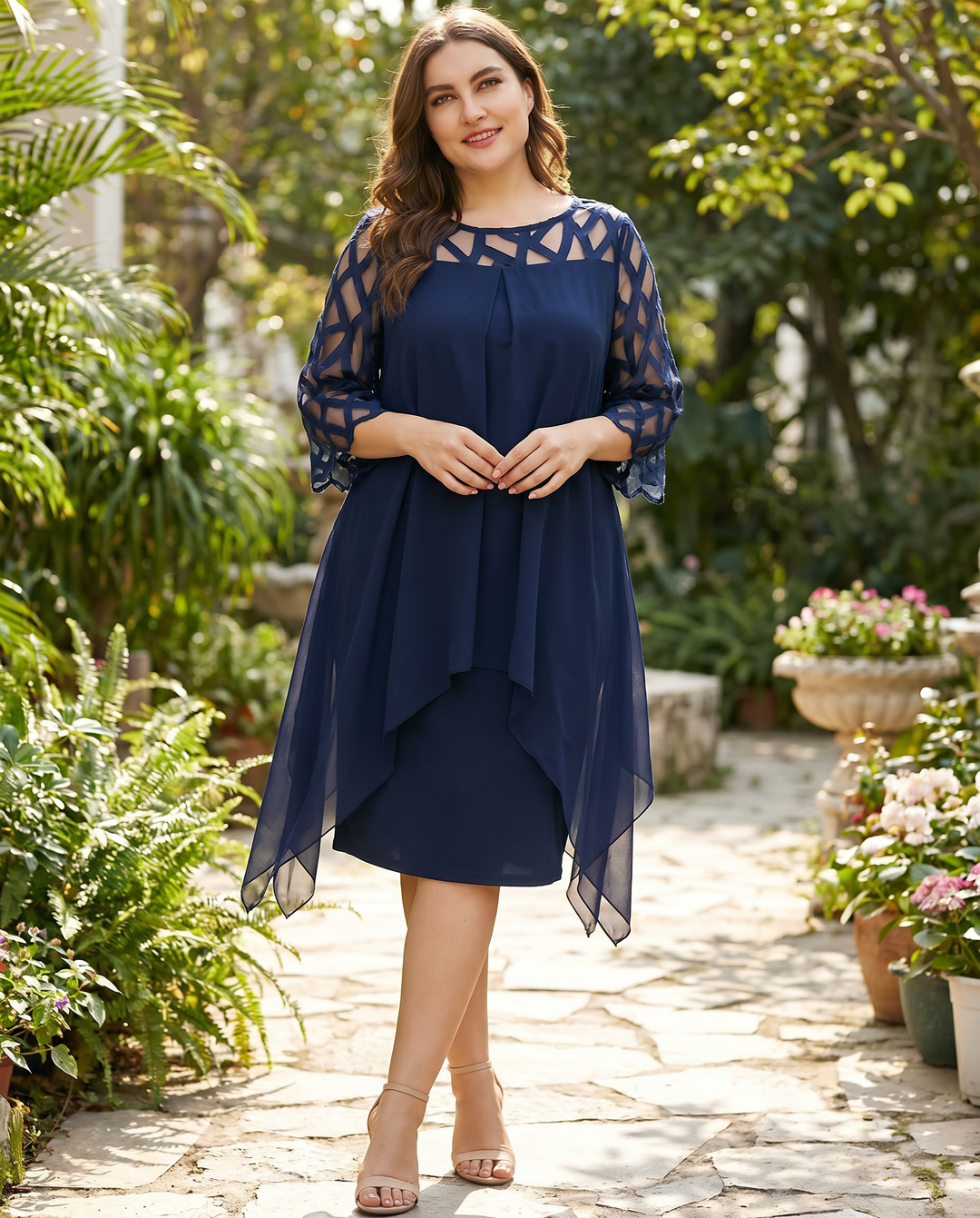 Luxurious layered plus size midi dress. Women's elegant long sleeve evening gown, ideal for special occasions.