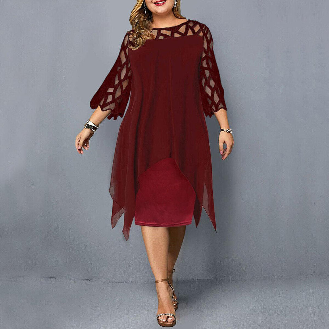 Chic back of an elegant plus size midi dress for women. Long sleeve evening & cocktail party style.