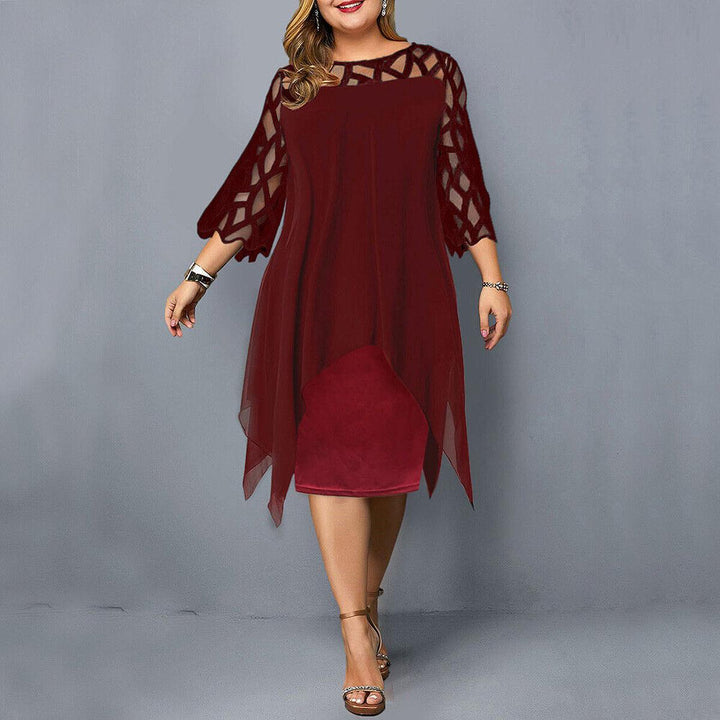 Chic back of an elegant plus size midi dress for women. Long sleeve evening & cocktail party style.