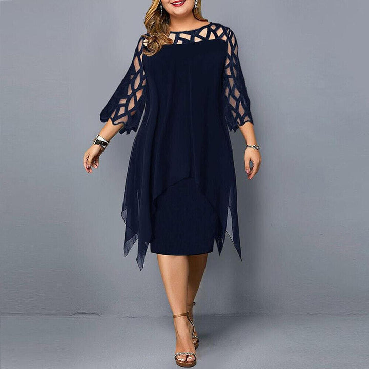 Side view of a women's plus size midi evening dress. Elegant, flattering, and long-sleeved for parties.