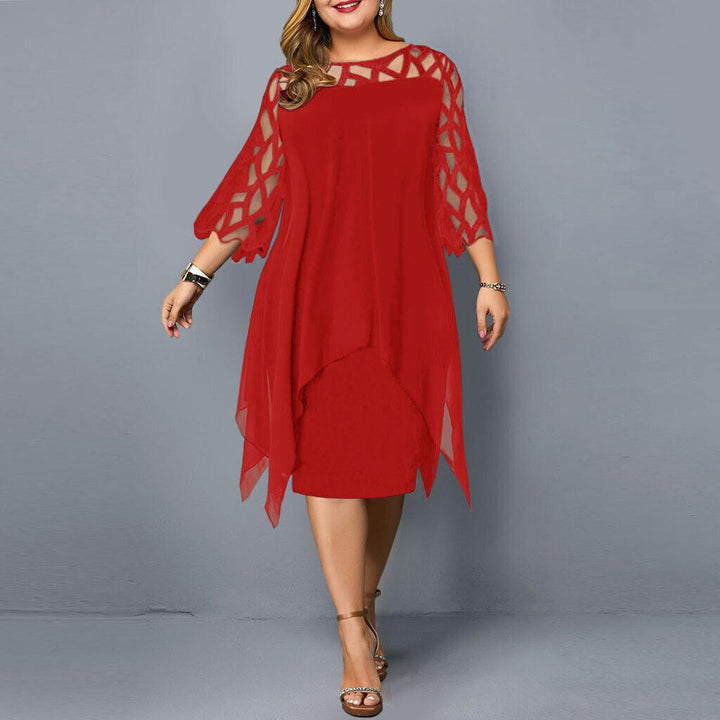 Women's elegant plus size party dress. Long sleeve midi, ideal for evening galas & cocktail receptions.