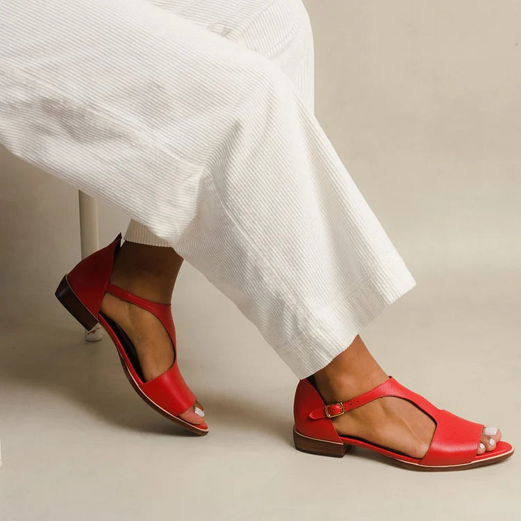 Elegant red open-low flat slip-on sandals for women, offering all-day comfort and versatile summer everyday wear.