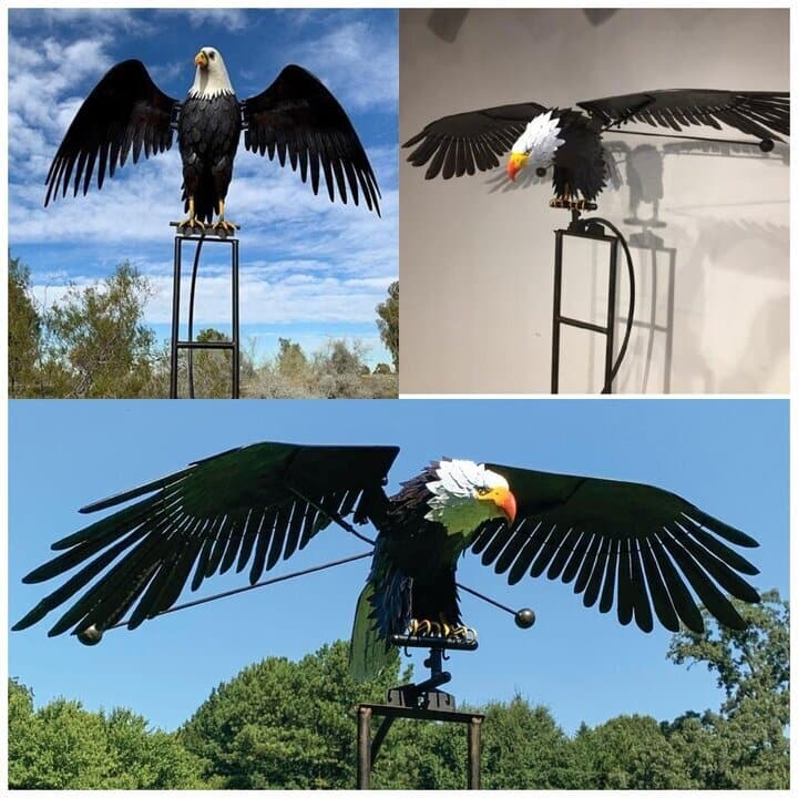 Stylish garden ornament: rotating metal windmill sculpture, perfect yard art.