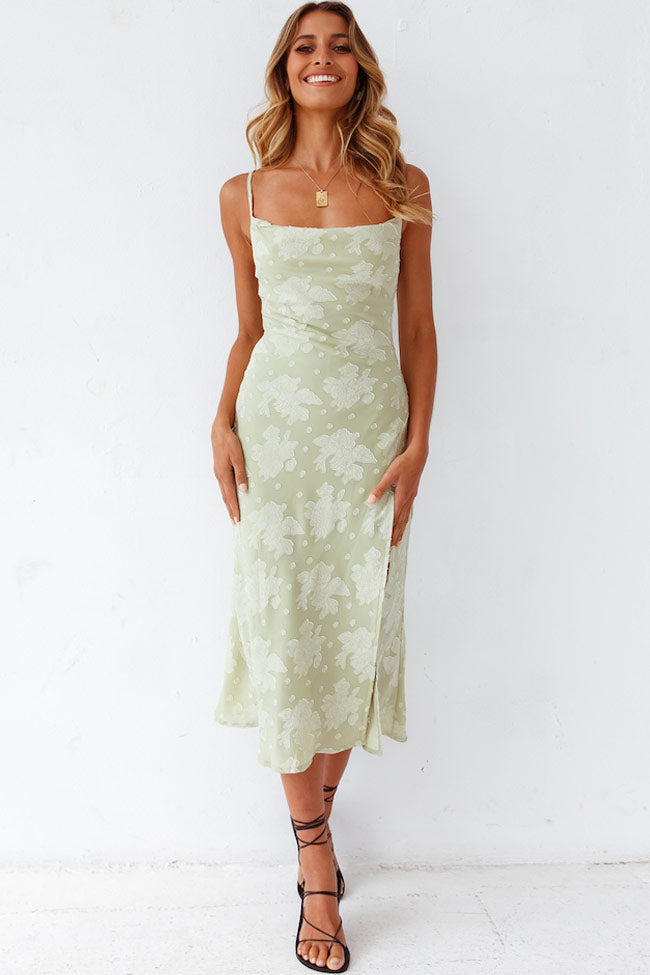 Elegant sage green floral cowl neck slip midi dress with a high slit, perfect for evening wear.