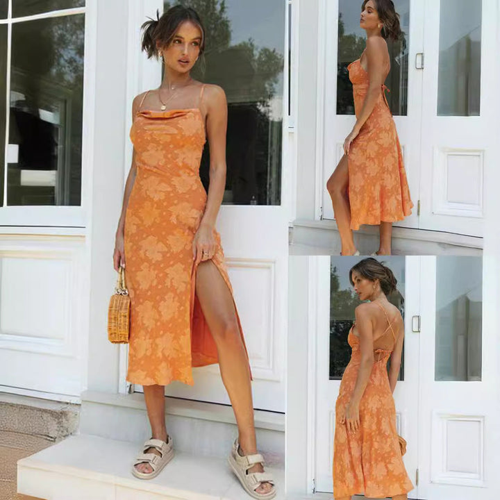 Graceful sage green floral midi slip dress, cowl neck design, and a stylish high slit for evenings.