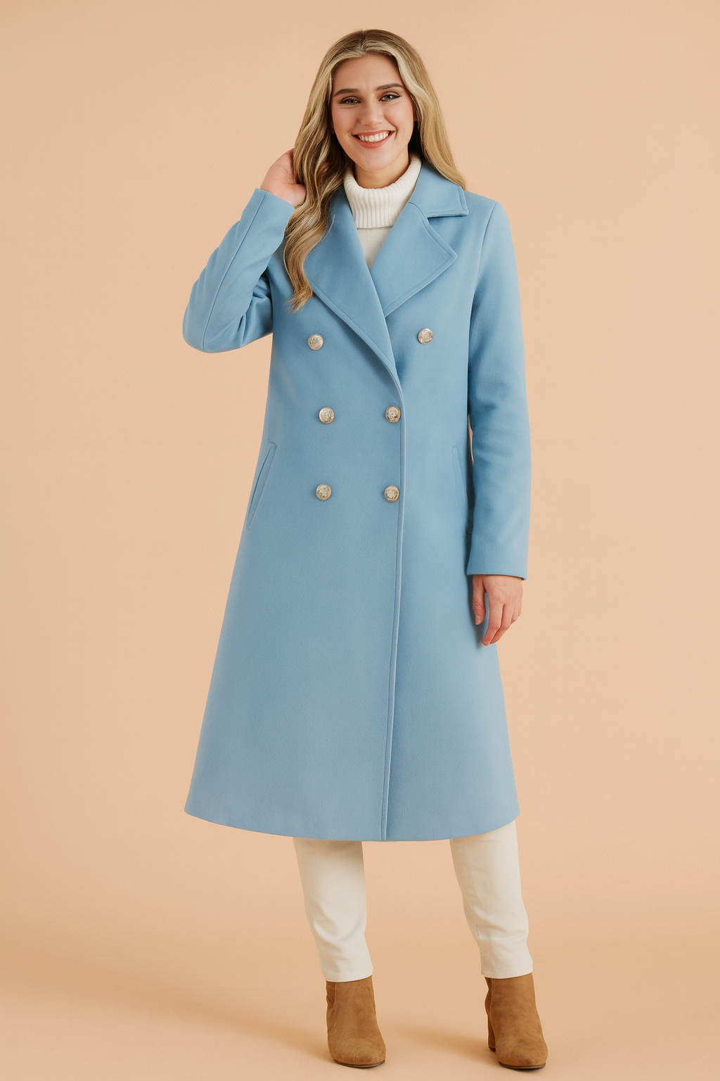 Chic Selena longline double-breasted women's winter coat. Tailored for warmth and classic elegant style.