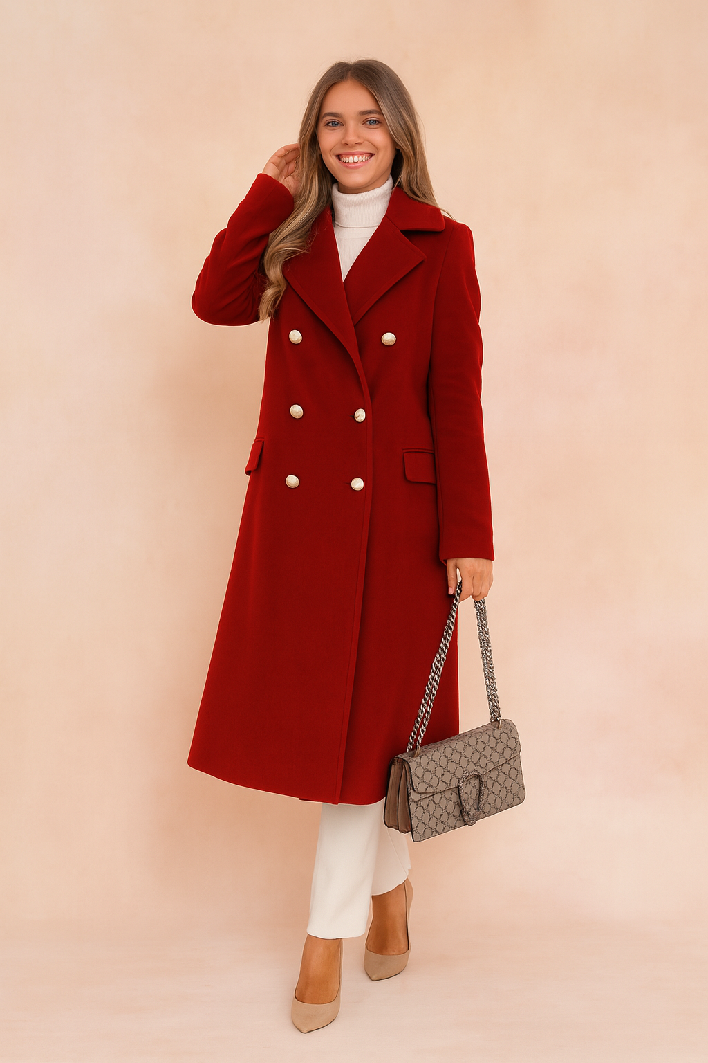 Fashionable Selena tailored double-breasted women's longline coat. Elegant winter outerwear for a chic style.