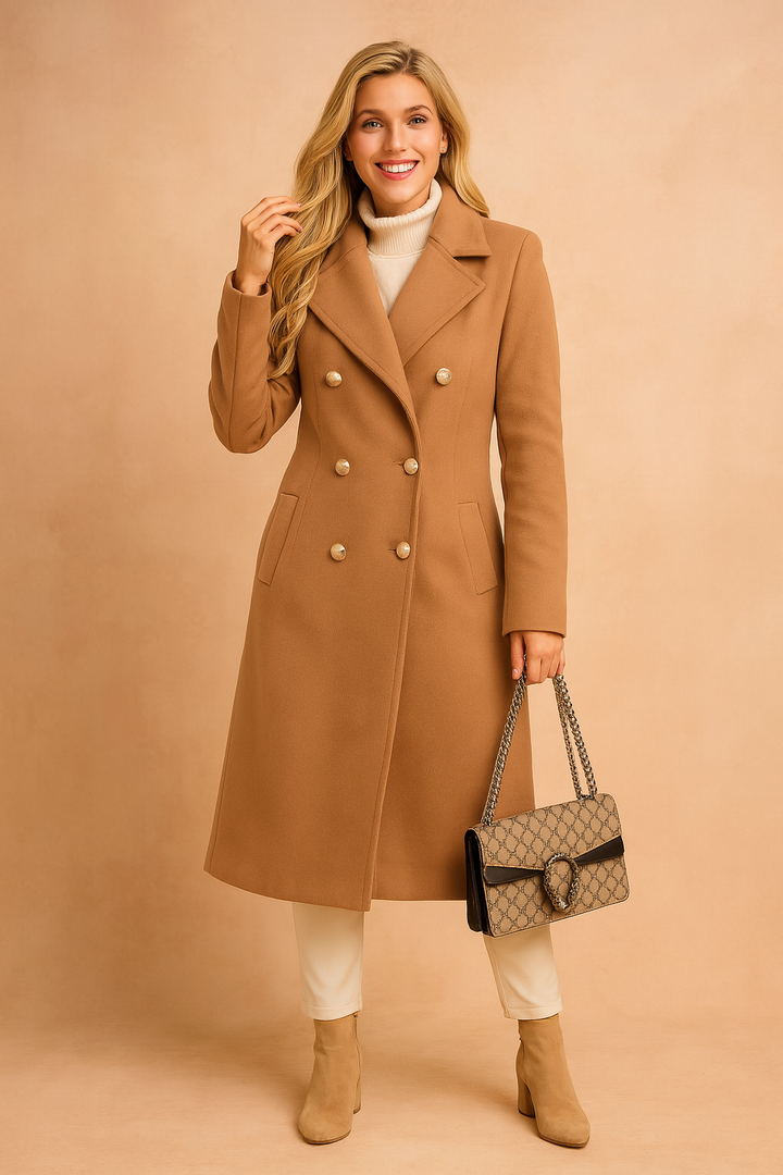 Warm Selena women's double-breasted longline winter coat. Tailored design for an elegant, sophisticated classic look.