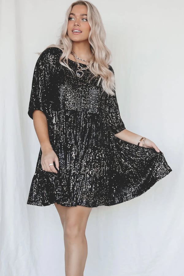 Elegant sequined A-line party dress for women. ShimmerFlow short glitter evening cocktail dress.