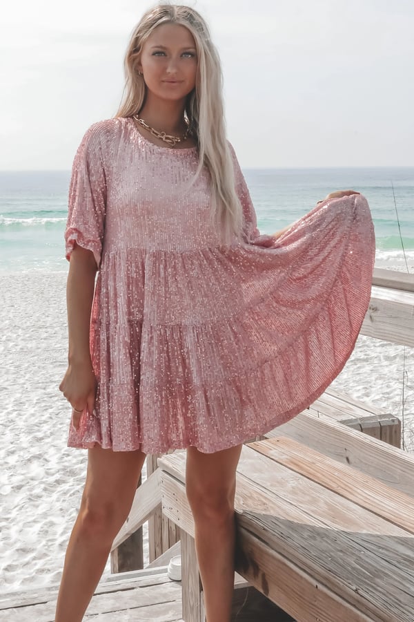 Women's A-line sequin party dress. Elegant short ShimmerFlow glitter dress for special occasions.