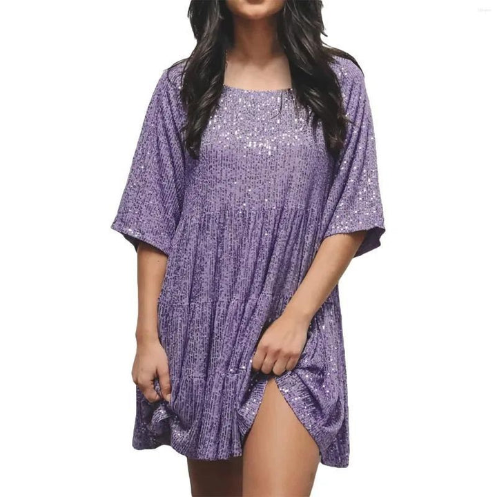Sparkling A-line cocktail dress with sequins. Women's elegant short party dress, ShimmerFlow design.