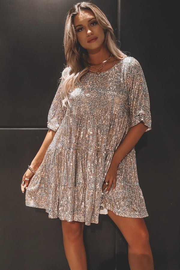 Glittering A-line party dress for women. Elegant sequined ShimmerFlow short dress for special events.