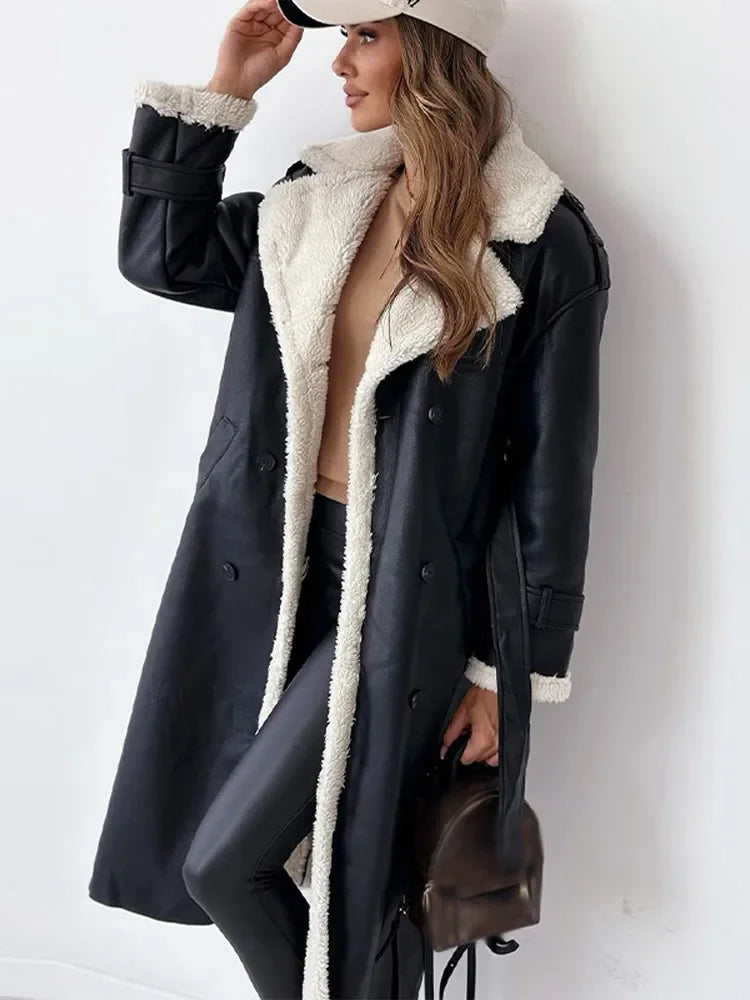 Fashionable Seraphina long coat for women. Stylish & warm outerwear, perfect for cold weather elegance.
