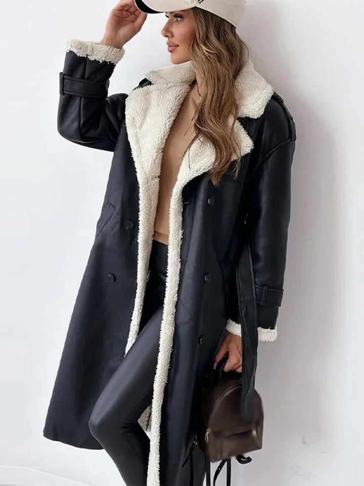 Fashionable Seraphina long coat for women. Stylish & warm outerwear, perfect for cold weather elegance.