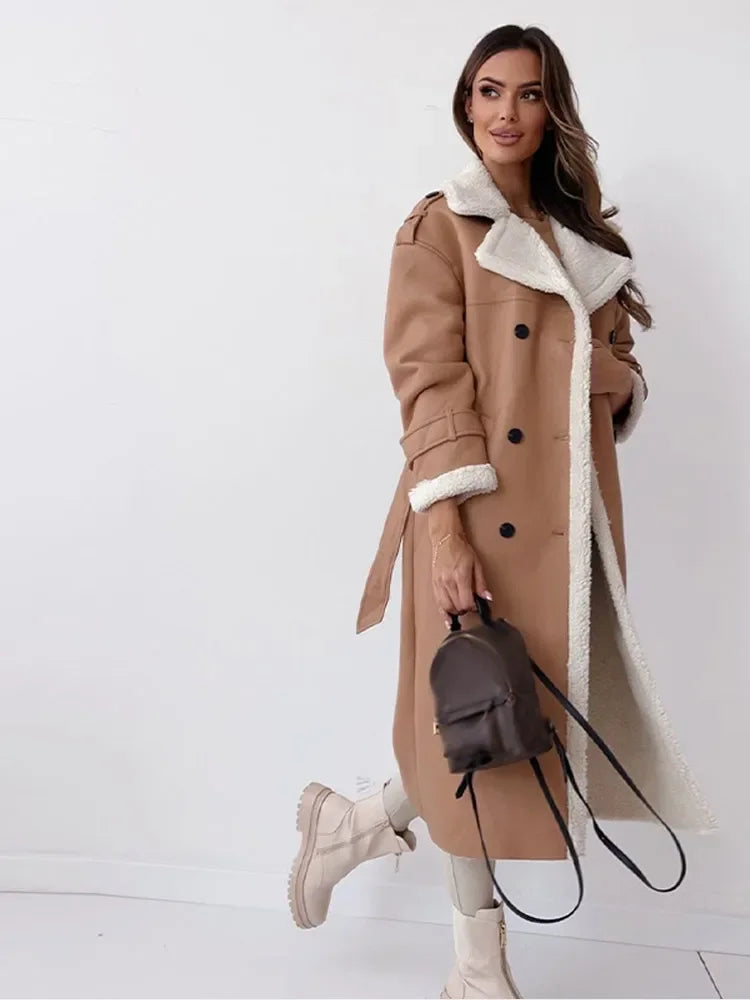 Sophisticated Seraphina ladies long winter coat. Stylish, warm, and chic for cold weather fashion.
