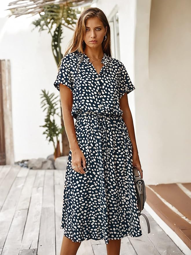 Elegant short-sleeve midi dress for women, perfect for smart casual or versatile everyday wear.