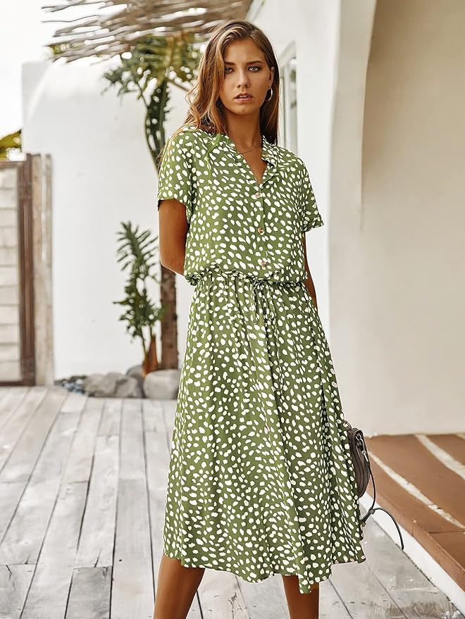 Women's elegant short-sleeve midi dress, ideal for spring fashion, summer, or stylish fall attire.
