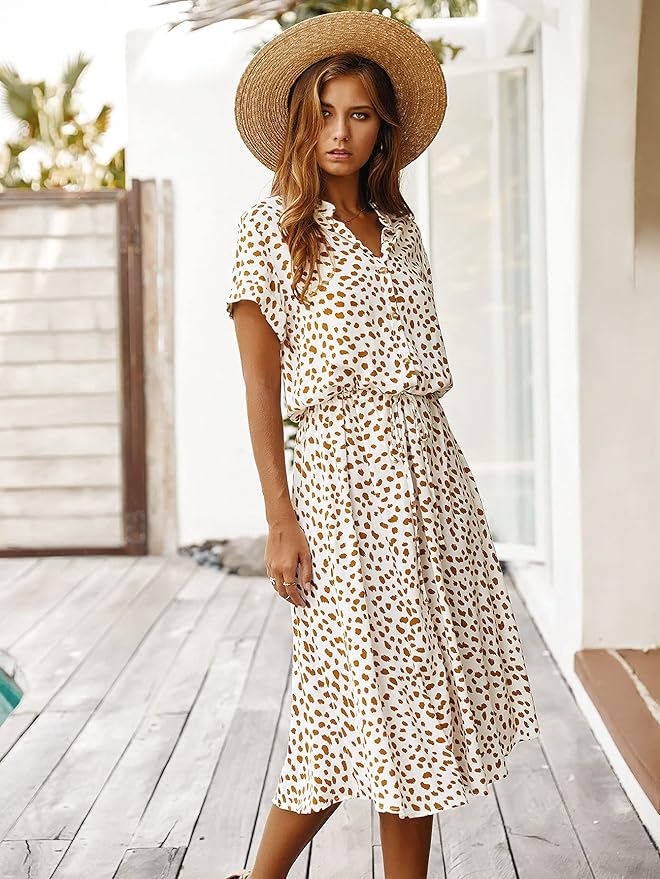 Comfortable women's short-sleeve midi dress, elegant office wear or versatile smart casual everyday outfit.