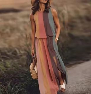 Stylish women's sleeveless maxi dress with ombre stripes, a flowing elegant long dress for any season.