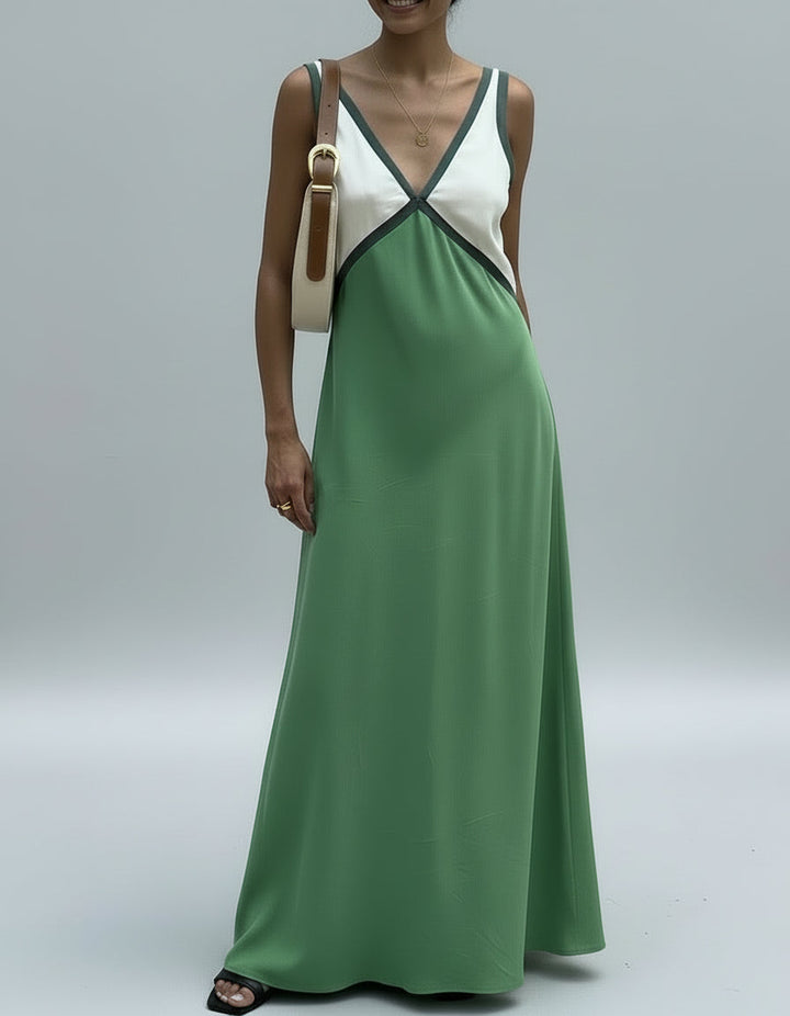 Elegant V-neck contrast maxi dress for women, perfect for various occasions and comfort.